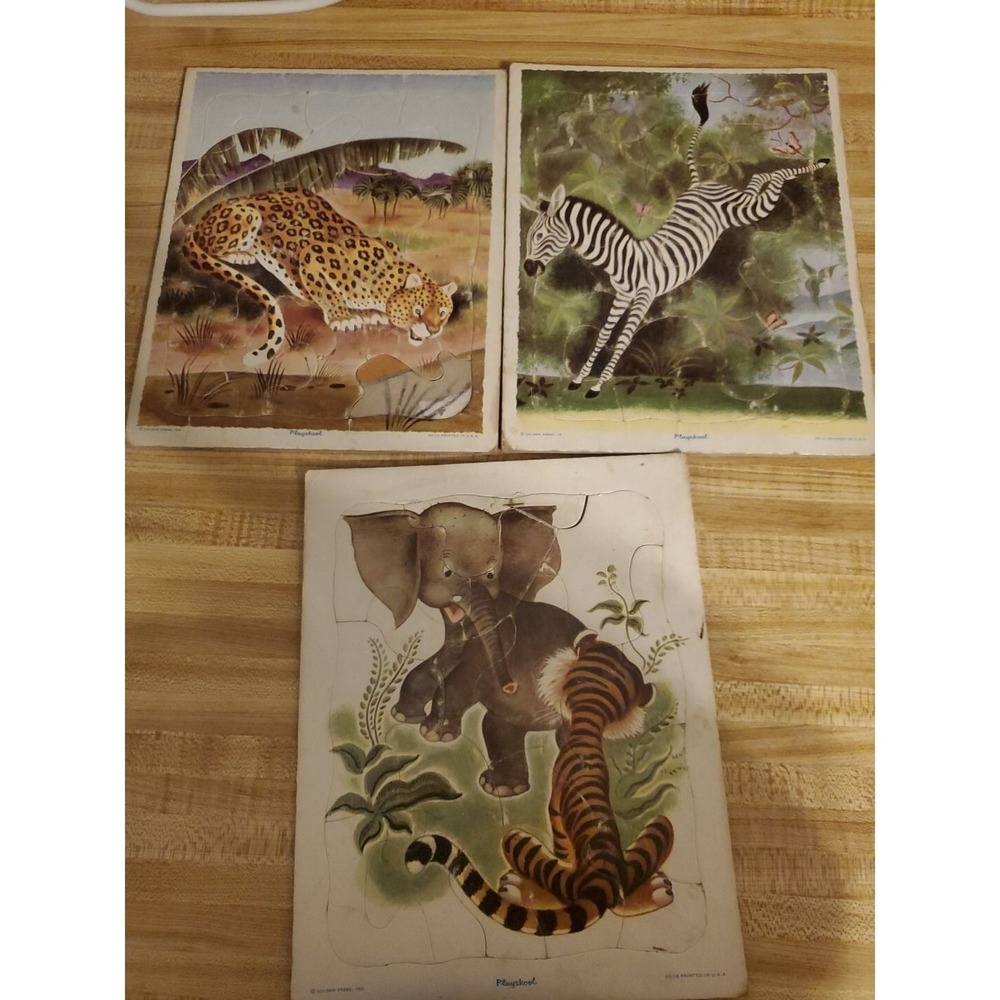 Playskool Golden Press Set3 Animal Puzzles Zebra Elephant Tiger Leopard